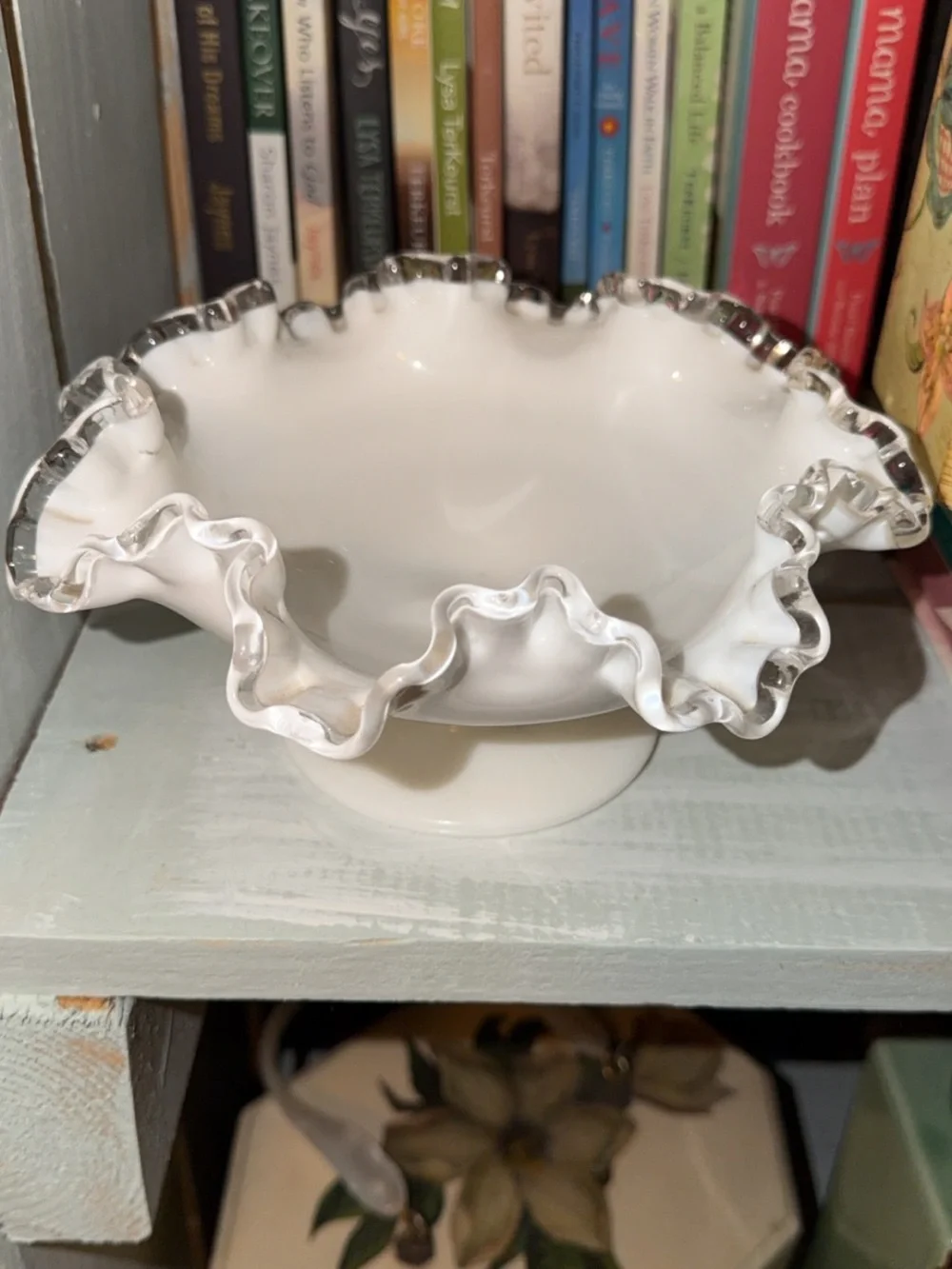 Vintage Fenton White Milk Glass Compote with Clear Ruffled Edge